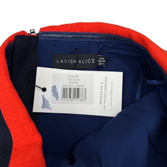 NWT LAVISH ALICE Bandeau Strapless Midi Fitted Dress Sz 4 Orange Navy Striped - Picture 4 of 7